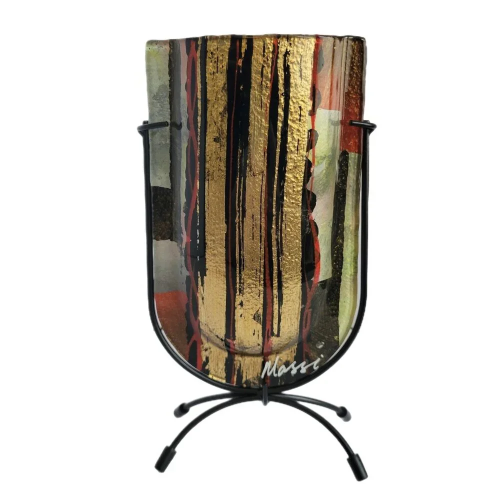 Massi Italian Vase U Shaped Art Glass with Metal Stand 9 1/4